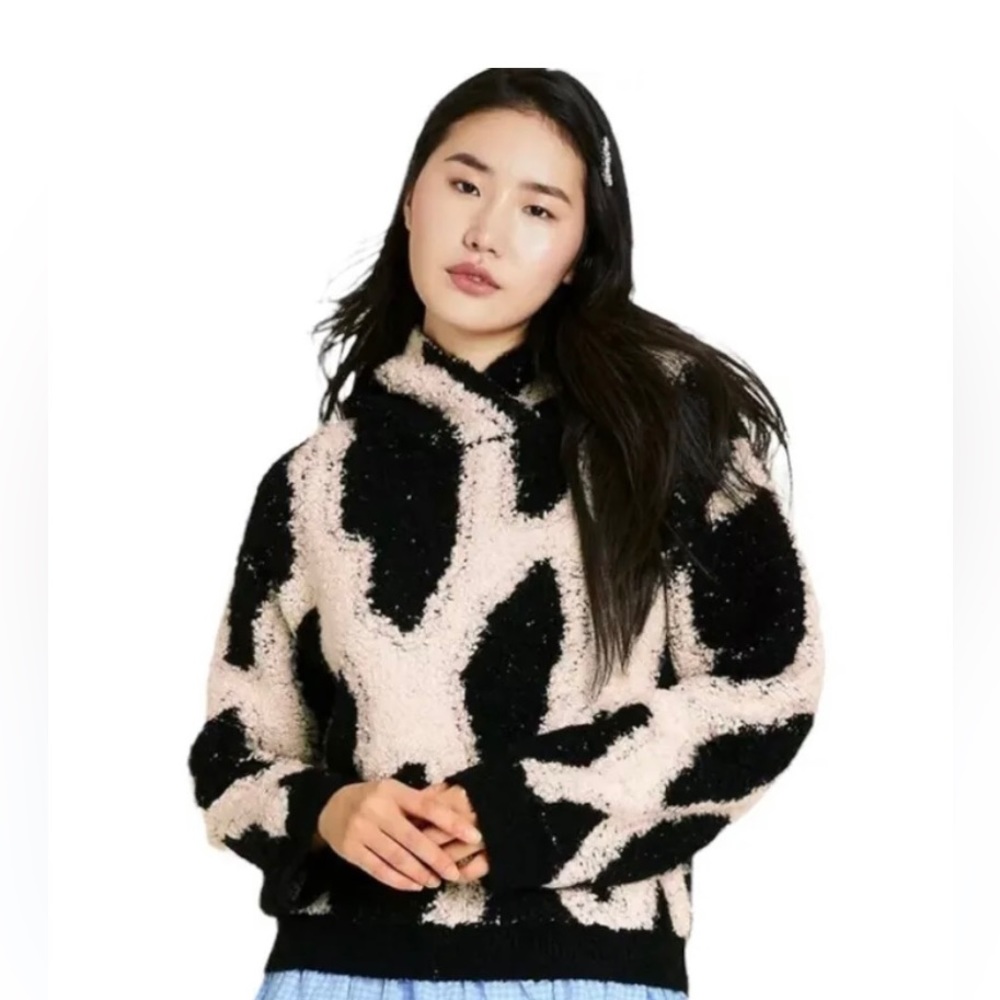 Sandy Liang ~ XS Leopard Print Sherpa Hooded Sweatshirt ~ Ivory/Black
